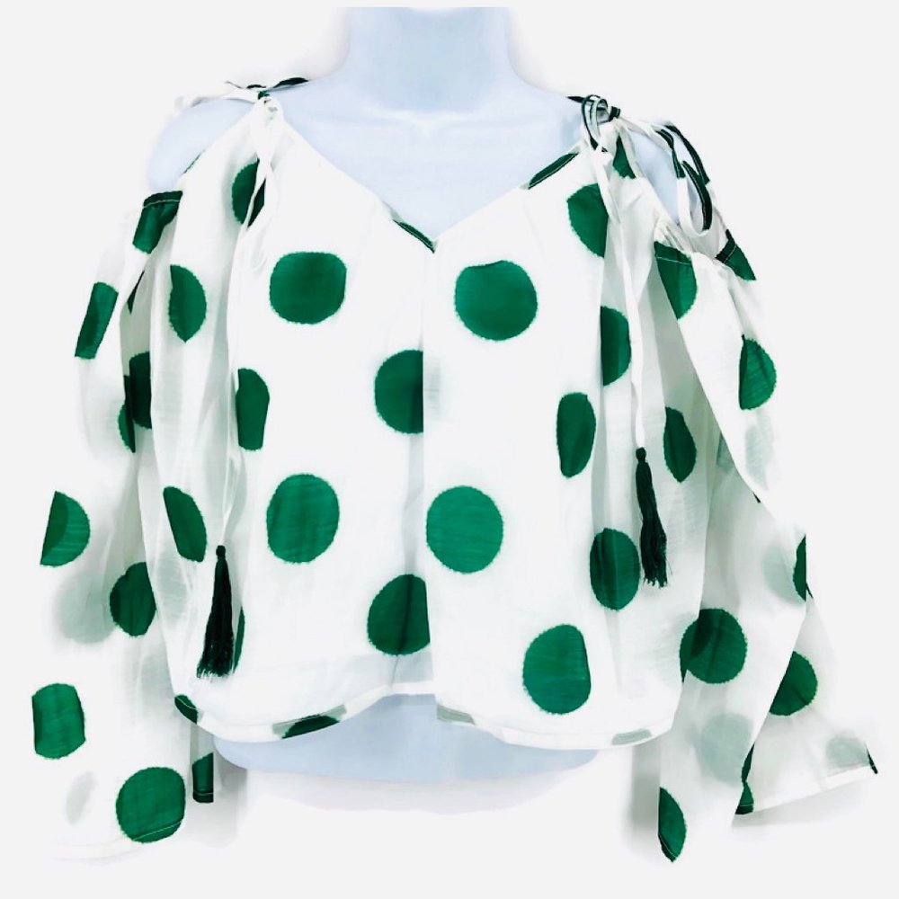 NWT Cold Shoulder Green White Polka Dot Crop Top